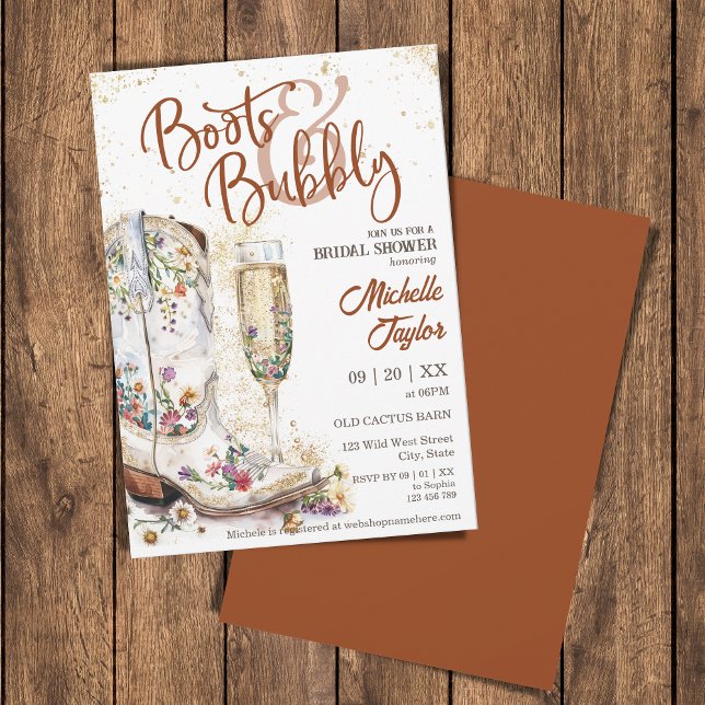 Boots and Bubbly Western Bride Wild West Country Invitation (boho terracotta cowgirl boots bridal shower)