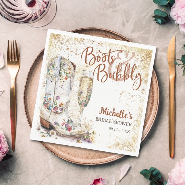 Boots and Bubbly Western Bride Wild West Country Napkins (boots and bubbly bridal shower napkin with cowboy boots with flowers and champagne glass)