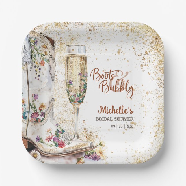 Boots and Bubbly Western Bride Wild West Country Paper Plates (Front)