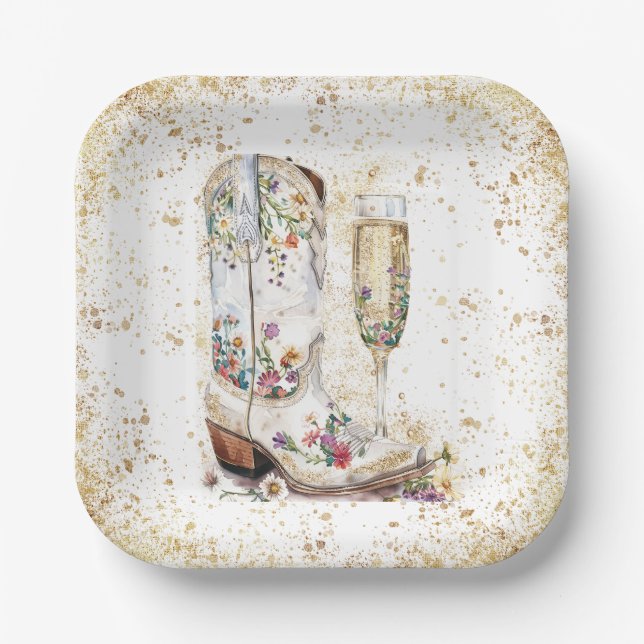 Boots and Bubbly Western Bride Wild West Country Paper Plates (Front)