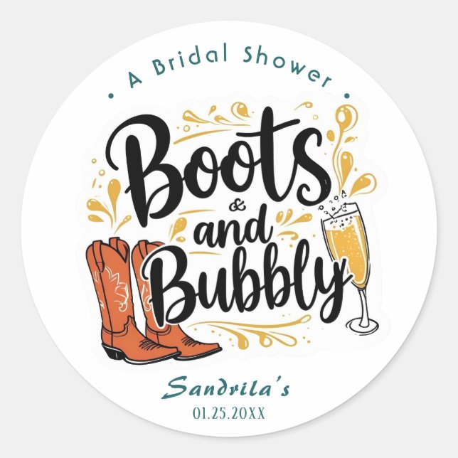 Boots and Bubbly Western Hand Drawn  Classic Round Sticker (Front)