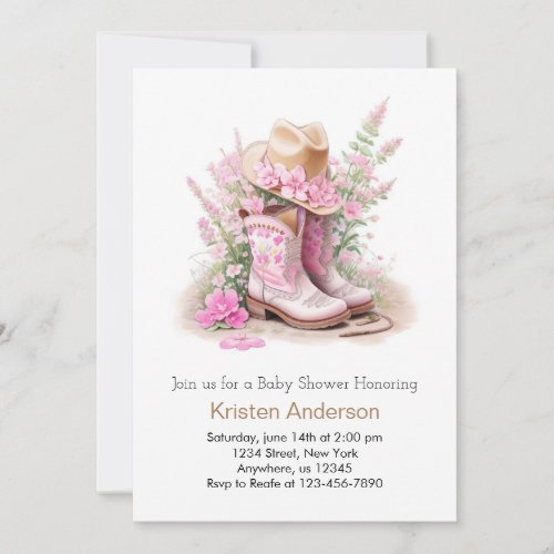 Boots and Hat Watercolor Cowgirl Baby Shower  Invitation