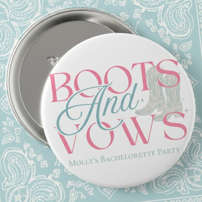 Boots and Vows – Western Bachelorette Party Design Button (Say “I do” with a western twist in this charming “Boots and Vows” design!)