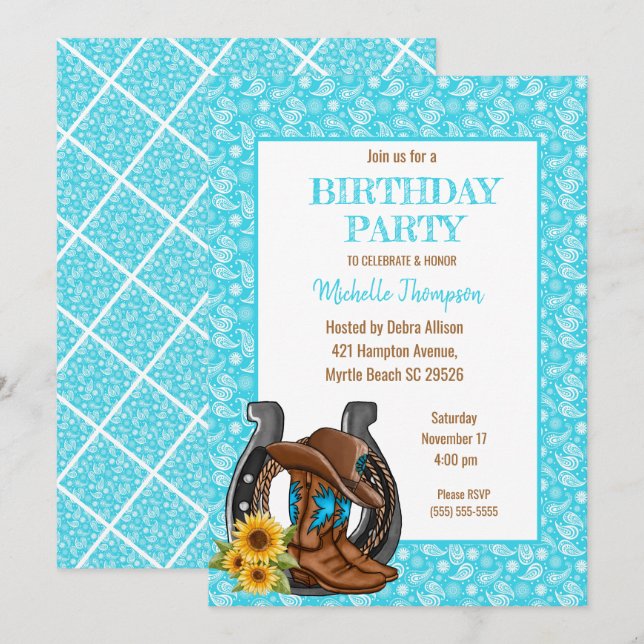 Boots Bandana Sunflower Birthday Invitation (Front/Back)