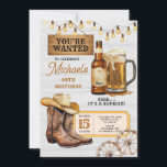 Boots & Beers Surprise Adult 40th Birthday Party Invitation<br><div class="desc">West Cowboy Hat Boots & Beers Surprise Adult 40th Any Age Birthday Party String Light White Wood Invitation</div>