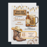 Boots & Beers Surprise Adult 40th Birthday Party Invitation<br><div class="desc">West Cowboy Hat Boots & Beers Surprise Adult 40th Any Age Birthday Party String Light White Wood Invitation</div>