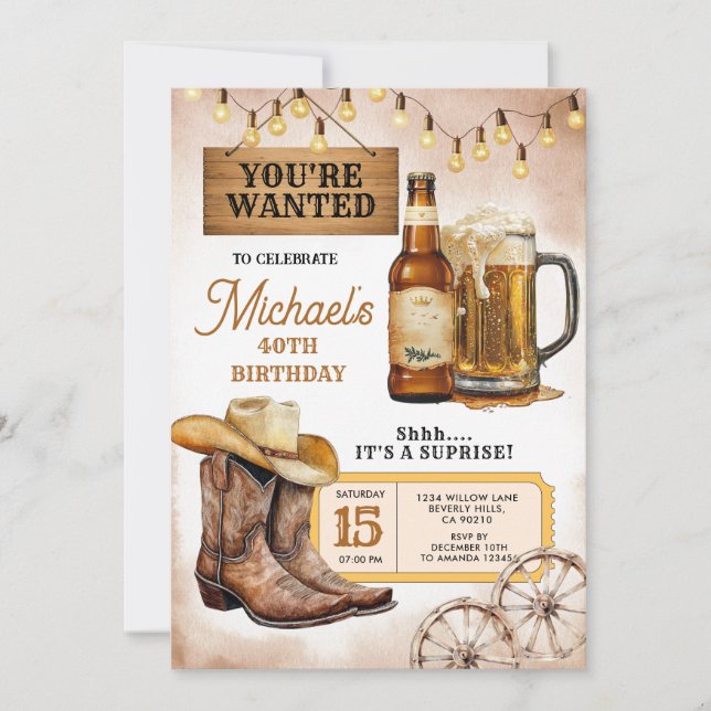 Boots & Beers Surprise Adult 40th Birthday Party Invitation (Front)