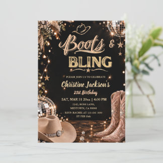 Boots & Bling Disco Western Cowgirl 21st Birthday Invitation