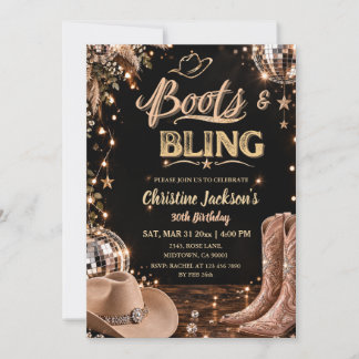Boots & Bling Disco Western Cowgirl 30th Birthday Invitation