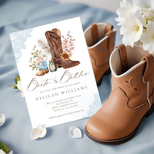 Boots  Bottles Blue Cowboy Western Baby Shower Invitation