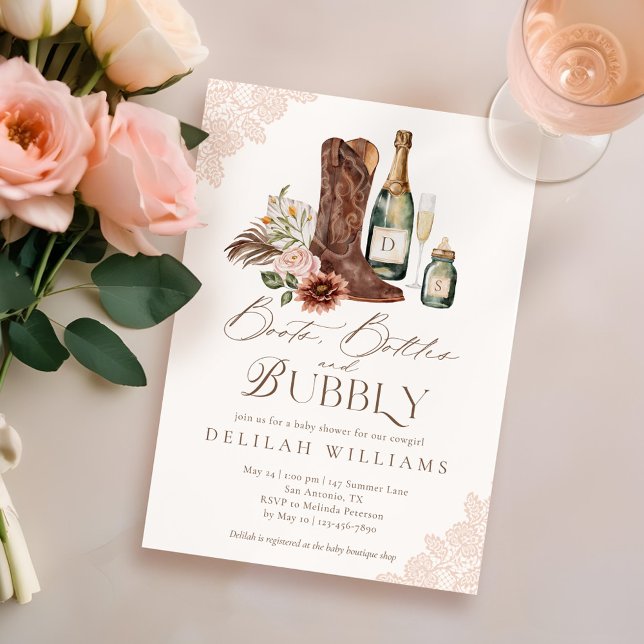 Boots Bottles & Bubbly Country Western Baby Shower Invitation (Boots Bottles & Bubbly Country Western Baby Shower Invitation)