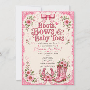 Boots, Bows, & Baby Toes Girl Baby Shower Invitation