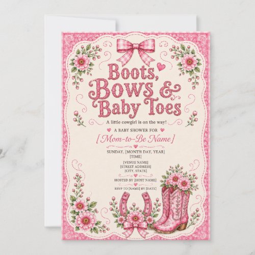 Boots, Bows, & Baby Toes Girl Baby Shower Invitation