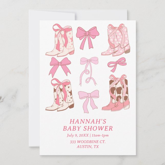 Boots & Bows Little Cowgirl Pink Baby Shower Invitation (Front)