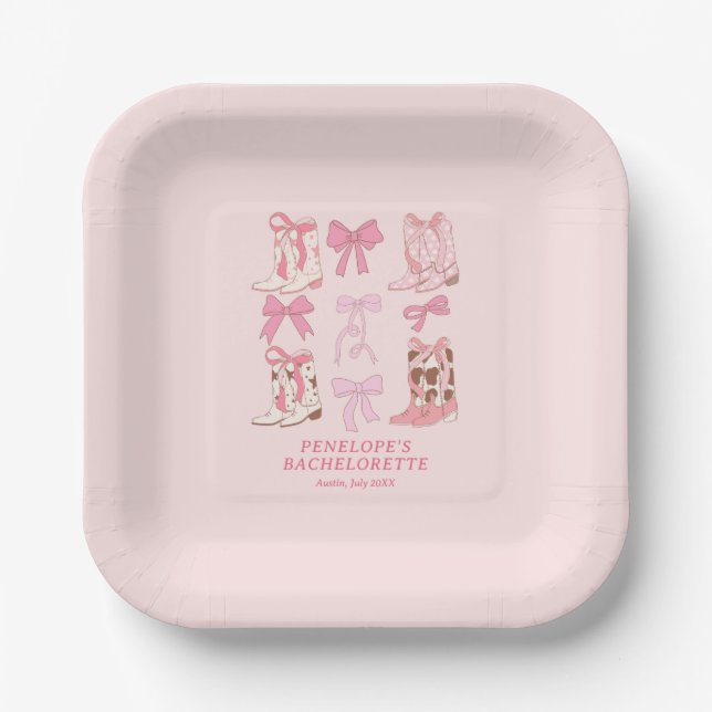Boots & Bows Pink Cowgirl Bachelorette Party  Paper Plates (Front)