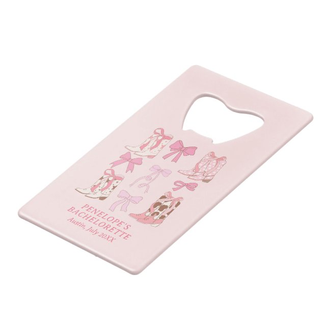 Boots & Bows Pink Girly Bachelorette Party Favor Credit Card Bottle Opener (Front Angled)