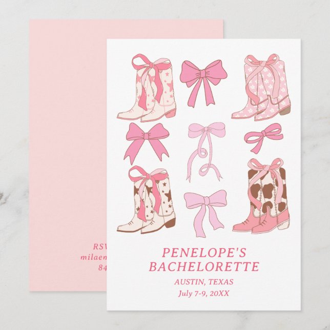 Boots & Bows Pink Girly Bachelorette Party Invitation (Front/Back)