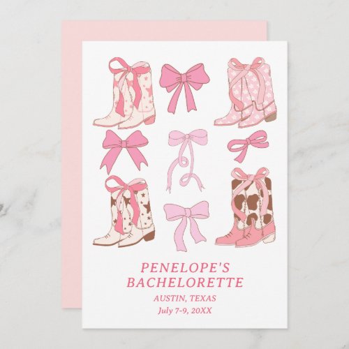 Boots  Bows Pink Girly Bachelorette Party Invitation