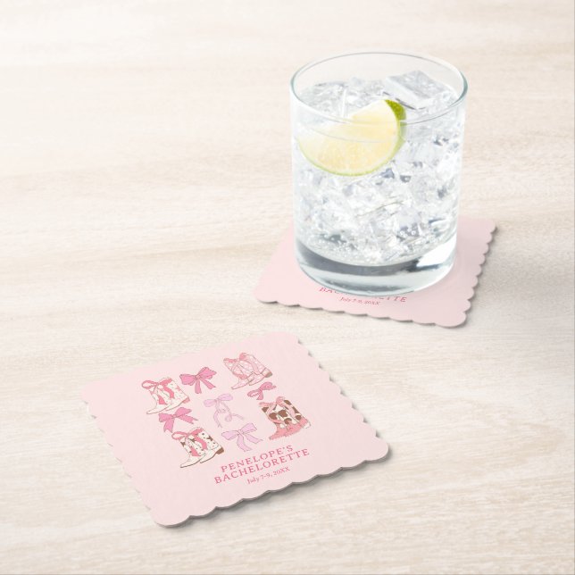 Boots & Bows Pink Girly Bachelorette Party  Paper Coaster (Insitu)