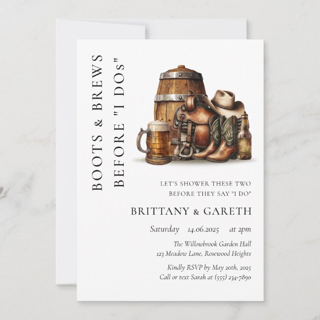 Boots & Brews Before I Dos Wedding Shower Brewery Invitation (Front)