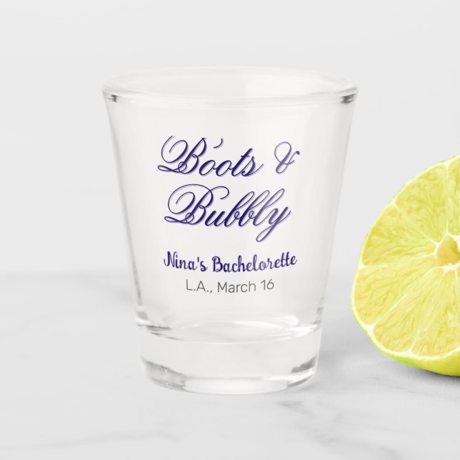 Boots & Bubble bachelorette party name purpleplace Shot Glass (Front)