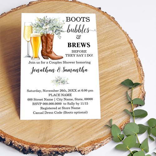 Boots Bubbles and Brews shower eucalyptus greenery Invitation