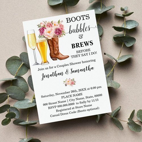 Boots Bubbles and Brews shower pink flowers Invitation