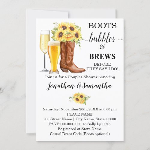 Boots Bubbles and Brews Wedding Shower Sunflowers Invitation