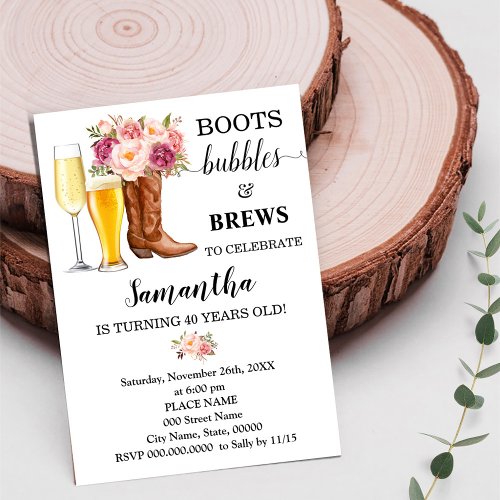 Boots Bubbles  Brews Pink Flowers Adults Birthday Invitation