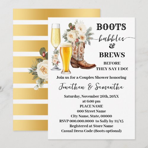 Boots Bubbles &amp; Brews Winter Bridal Shower Invitation