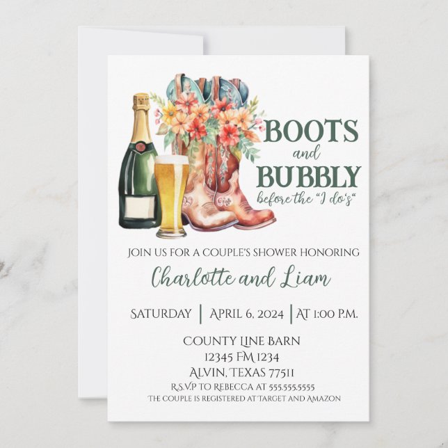 Boots & Bubbly Before the I Do's Invitation (Front)