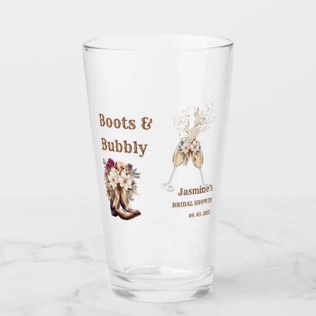 Boots & Bubbly Boho Western Bridal shower Party Glass (Front)