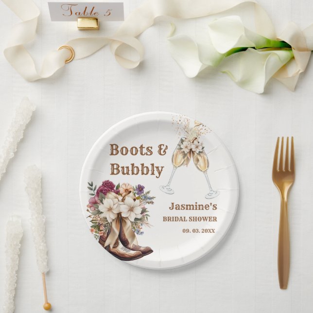 Boots & Bubbly Boho Western Bridal shower Party Paper Plates (Wedding)
