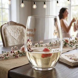 Boots & Bubbly Boho Western Bridal shower Party Stemless Wine Glass