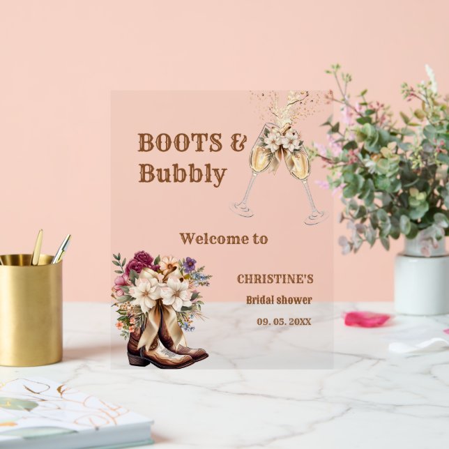 Boots & Bubbly Boho western Bridal Shower Welcome  Acrylic Sign (Wedding)