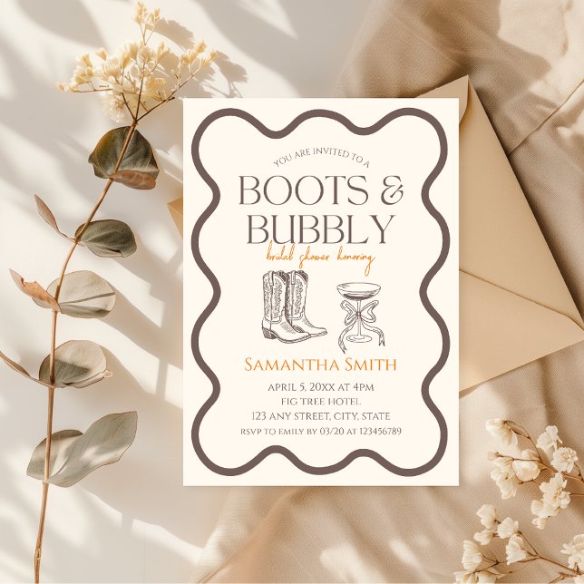 Boots & Bubbly Bridal Shower Hand Illustrated Invitation (Boots and Bubbly Bridal Shower Invitation)