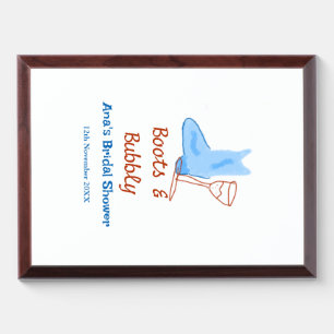 Boots & bubbly champagne bottle bridal shower blue award plaque