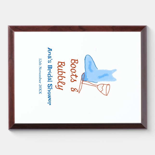 Boots & bubbly champagne bottle bridal shower blue award plaque (Horizontal)