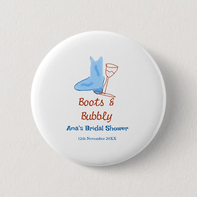Boots & bubbly champagne bottle bridal shower blue button (Front)