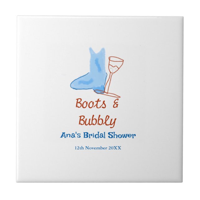 Boots & bubbly champagne bottle bridal shower blue ceramic tile (Front)