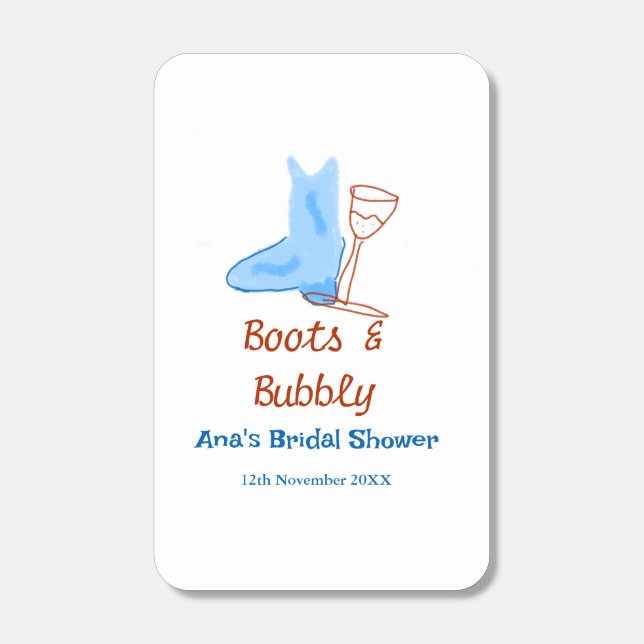 Boots & bubbly champagne bottle bridal shower blue matchboxes (Front)