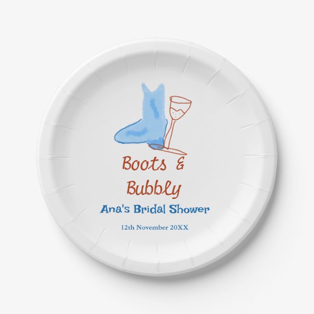Boots & bubbly champagne bottle bridal shower blue paper plates (Front)