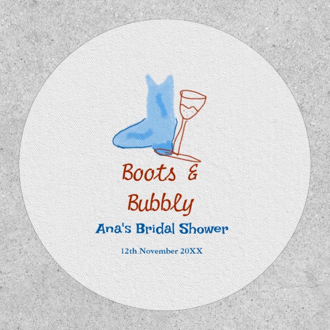 Boots & bubbly champagne bottle bridal shower blue patch (Front)