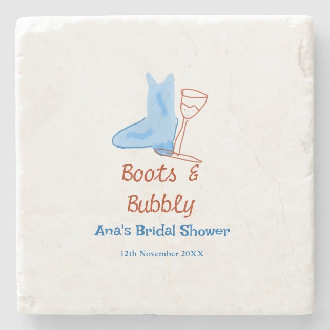 Boots & bubbly champagne bottle bridal shower blue stone coaster (Front)