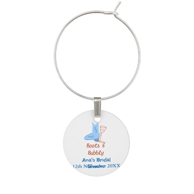 Boots & bubbly champagne bottle bridal shower blue wine charm (Front)