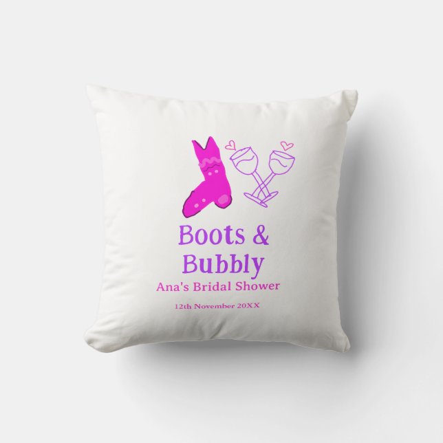Boots & bubbly champagne bottle bridal shower pink throw pillow (Front)