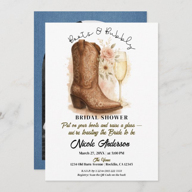 Boots & Bubbly Country Western Boot Bridal Shower  Invitation (Front/Back)