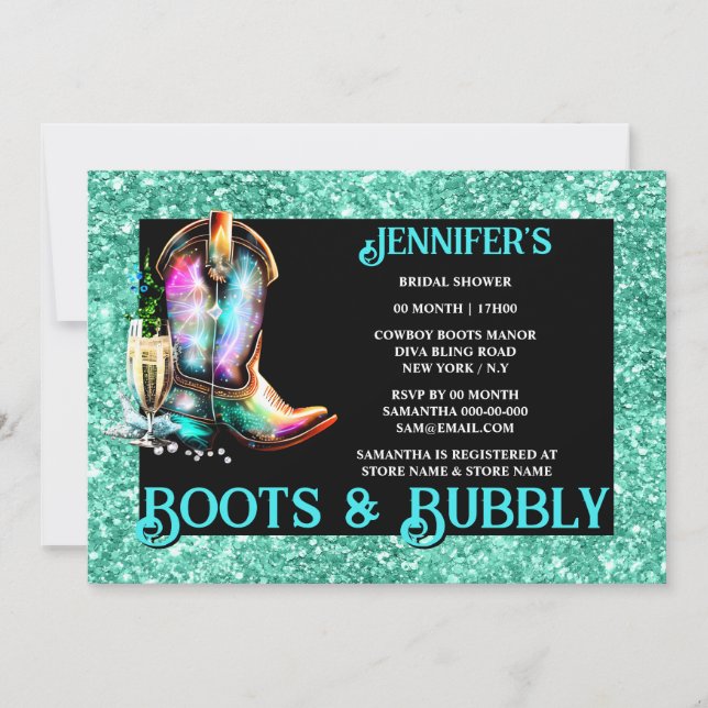 Boots bubbly | cowgirl boot teal shimmer wine invitation (Front)