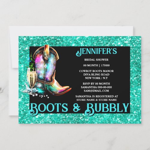 Boots bubbly  cowgirl boot teal shimmer wine invitation