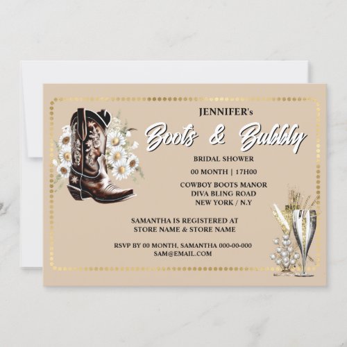 Boots bubbly cowgirl floral boot gold frame invitation
